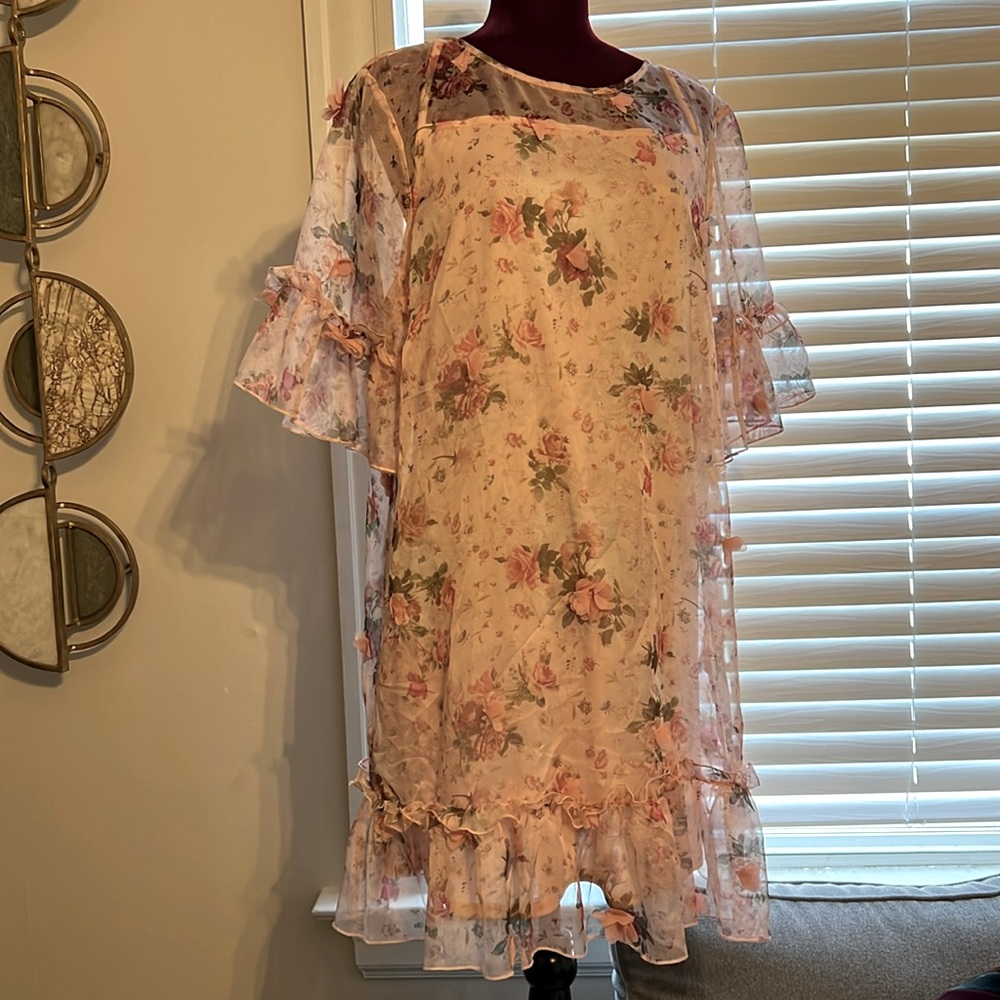 Pink floral dress with separate spaghetti strap dress underneath